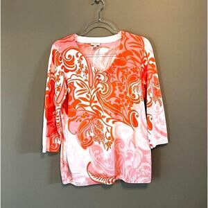 Talbots V-Neck Paisley Ombré Sweater Size M Pink Orange and White Boho Chic